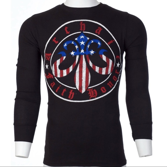 Archaic by Affliction Men's Thermal Shirt BORN PATRIOT Skull Biker Black - Picture 5 of 8